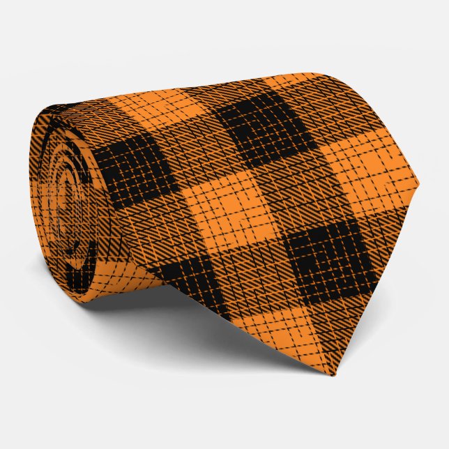 Orange Black Crosshatch Buffalo Check Neck Tie (Rolled)