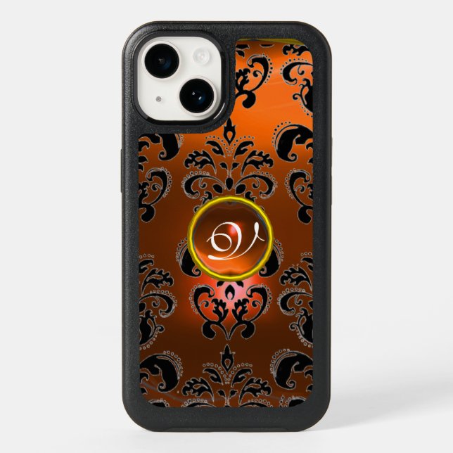 ORANGE BLACK DAMASK GEMSTONE MONOGRAM OTTERBOX iPhone CASE (Back)