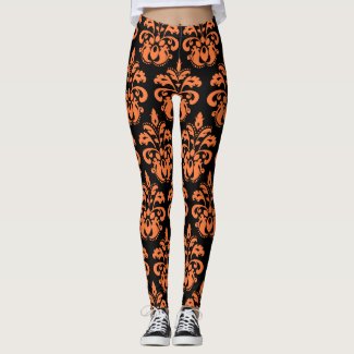 Orange black damask pattern leggings