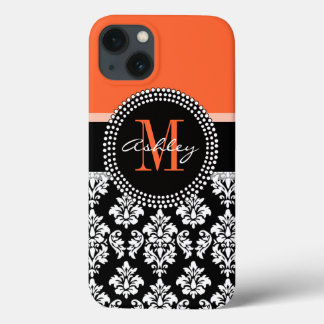 Orange Black Damask Pattern Monogram iPhone 13 Case
