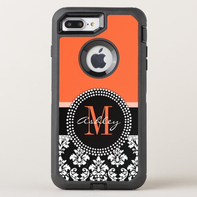 Orange Black Damask Pattern Monogram Otterbox iPhone Case (Back)