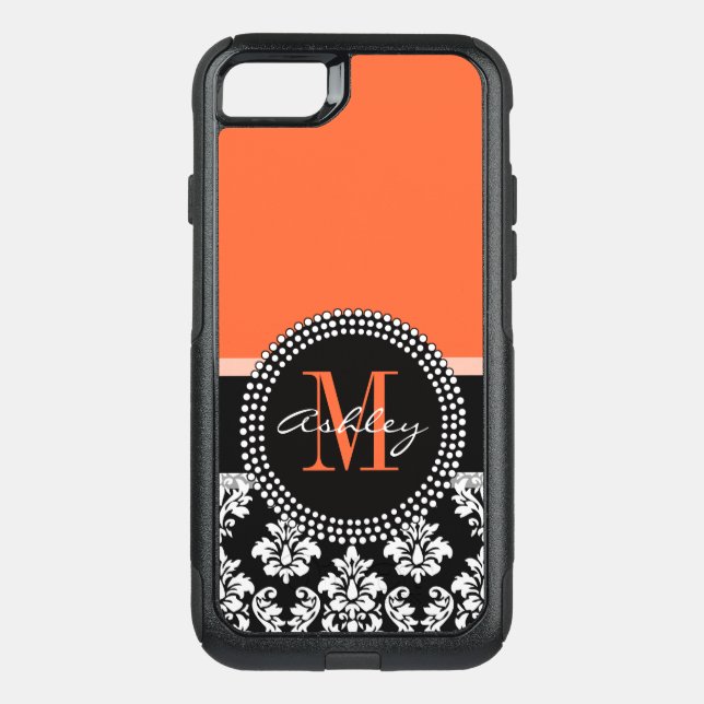Orange Black Damask Pattern Monogram Otterbox iPhone Case (Back)