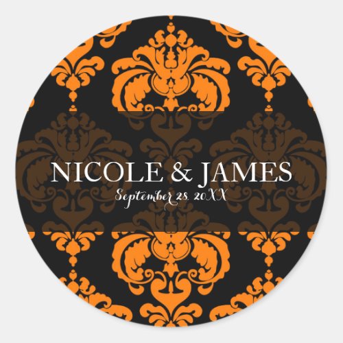 Orange Black Damask Vintage Wedding Event Favor Classic Round Sticker