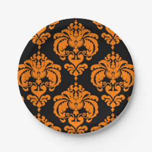 Orange & Black Damask Vintage Wedding Event Party Paper Plates