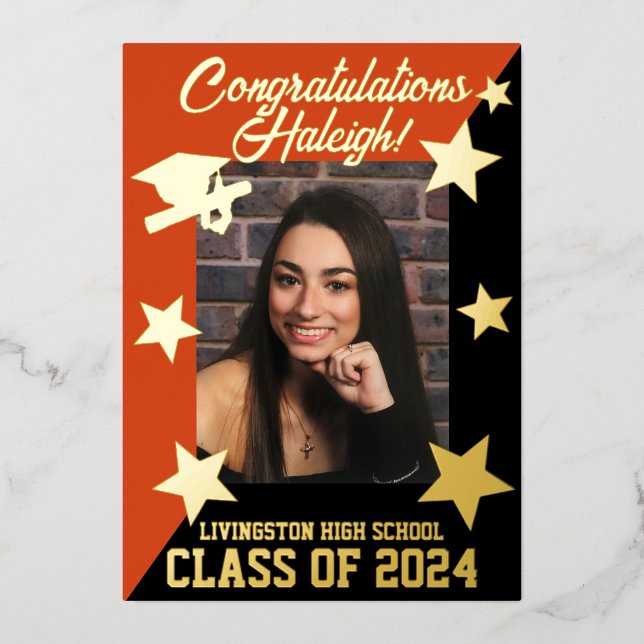 Orange & Black Diagonal, Graduation Gold  Foil Invitation (Front)