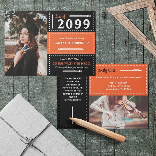 Orange  Black Dotted Boxes and Pencils Graduation Invitation