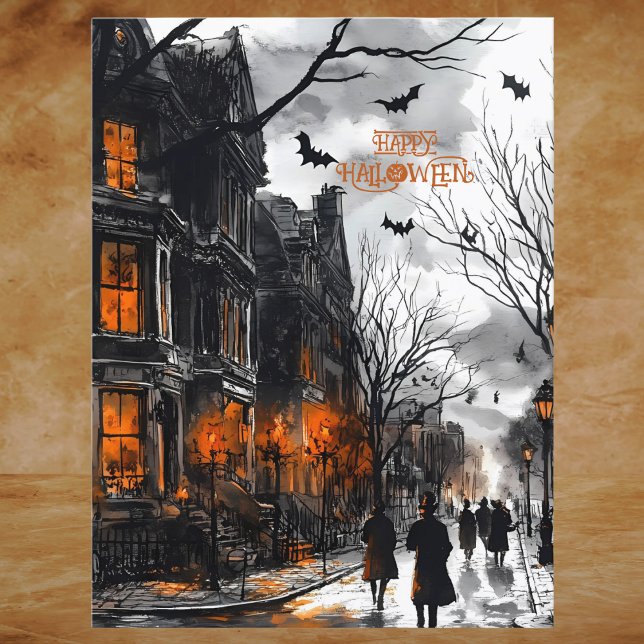 Orange Black Eerie Watercolor Happy Halloween Holiday Postcard (Creator Uploaded)