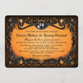 Orange Black Elegant Halloween Skeleton Wedding Invitation