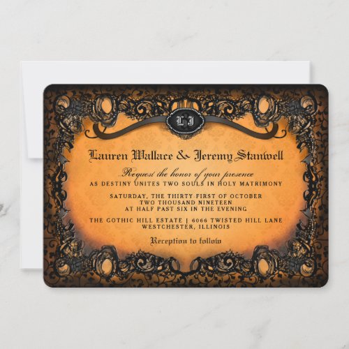 Orange Black Elegant Lace Halloween Wedding Invite