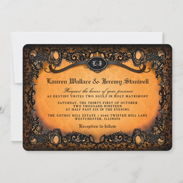 Orange Black Elegant Lace Halloween Wedding Invite (Front)