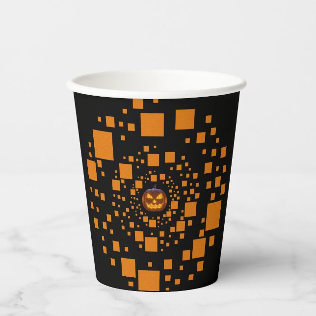 Orange Black Evil Pumpkin Float Squares Halloween  Paper Cups (Front)