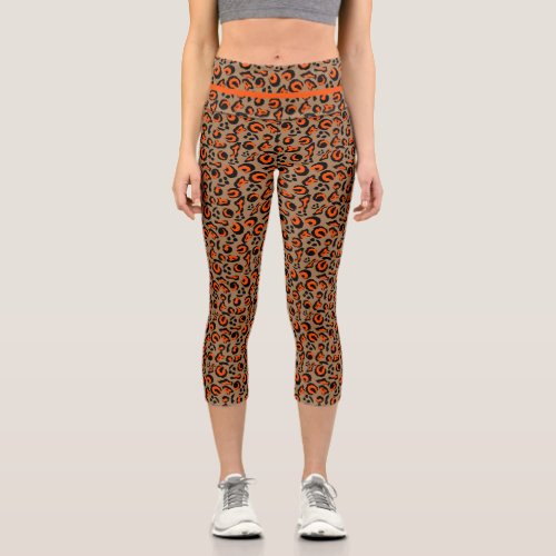 Orange Black Fashion Leopard Print Design Capri Leggings