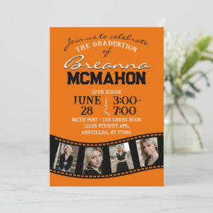 Orange & Black Filmstrip 5 Photo Graduation Invitation