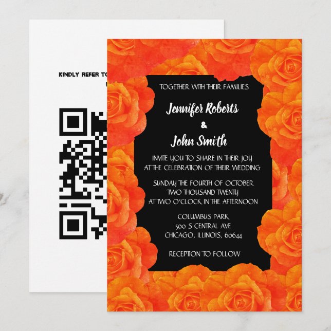 Orange Black Floral QR Code Rose Flowers Wedding Invitation (Front/Back)