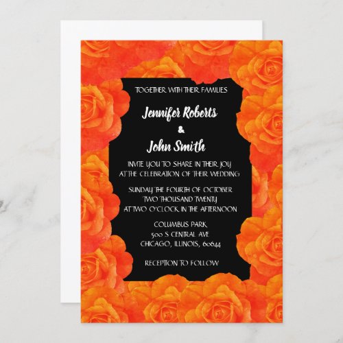 Orange Black Floral QR Code Rose Flowers Wedding Invitation