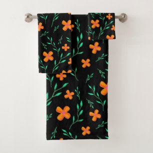Orange Black Flower Watercolor Pattern Bath Towel Set