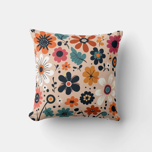 Orange Black Flowers Pattern Beige Background Throw Pillow (Front)