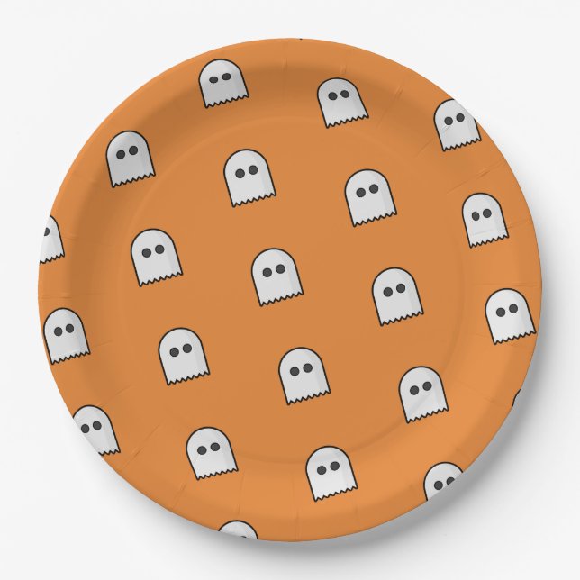 Orange Black Ghost Pattern Halloween Party Paper Plates (Front)