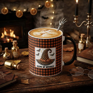 Orange & Black Gingham Halloween Witch Hat & Bats Mug