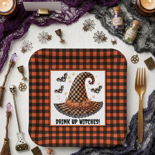 Orange & Black Gingham Halloween Witch Hat & Bats Paper Plates