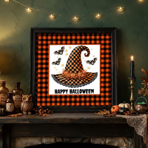 Orange & Black Gingham Halloween Witch Hat & Bats Poster
