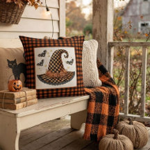 Orange & Black Gingham Halloween Witch Hat & Bats
