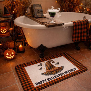 Orange & Black Gingham Halloween Witch Hat Welcome Bath Mat