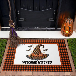 Orange & Black Gingham Halloween Witch Hat Welcome Doormat