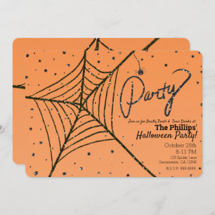 Orange & Black Glitter Spider Web Halloween Party Invitation