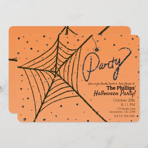 Orange  Black Glitter Spider Web Halloween Party Invitation