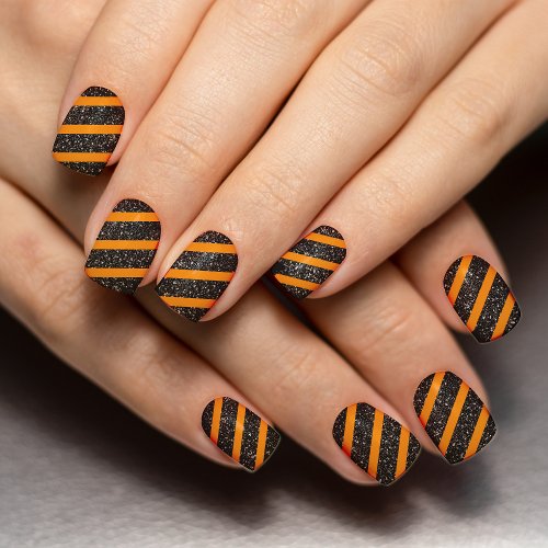Orange  Black Glitter Striped Halloween Minx Nail Art