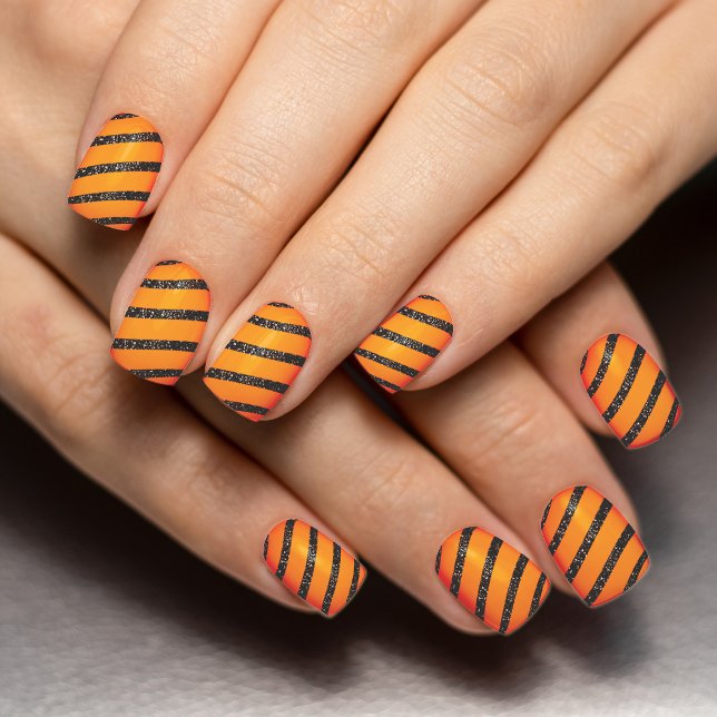 Orange & Black Glitter Striped Halloween Minx Nail Art (black and orange striped glitter Halloween nail art)