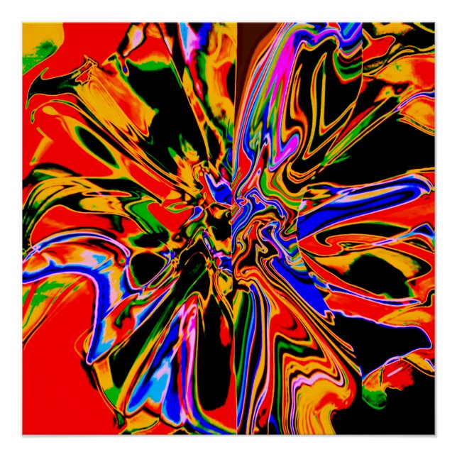 Orange, Black, Gold, Blue Psychedelic Flower Poster (Front)
