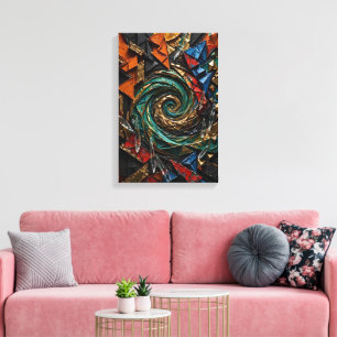 Orange Black Gold Cubist Sun Vortex - Vertical 3D Canvas Print