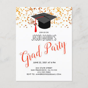 Orange Black Gold Grad Cap Confetti Announcement Postcard