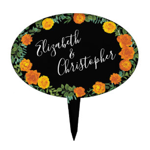 Orange & Black Gothic Peony & Rose Floral Wedding Cake Topper