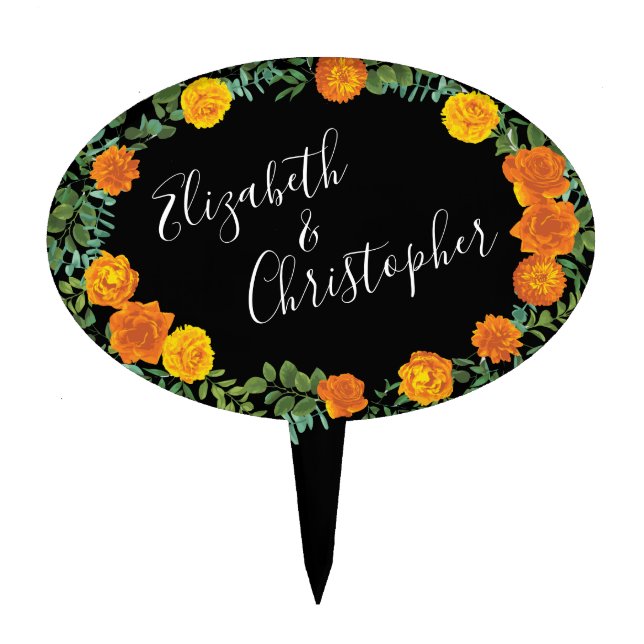 Orange & Black Gothic Peony & Rose Floral Wedding Cake Topper (Front)