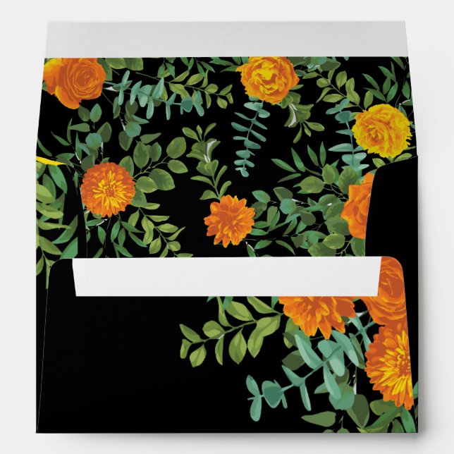 Orange & Black Gothic Peony & Rose Floral Wedding Envelope (Back (Bottom))