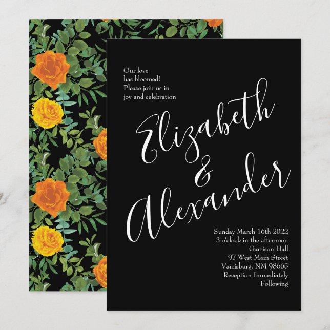 Orange & Black Gothic Peony & Rose Floral Wedding Invitation (Front/Back)