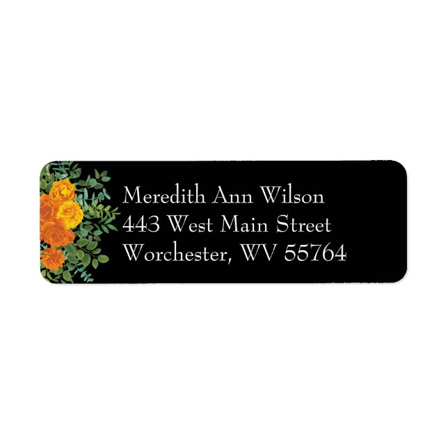 Orange & Black Gothic Peony & Rose Floral Wedding Label (Front)