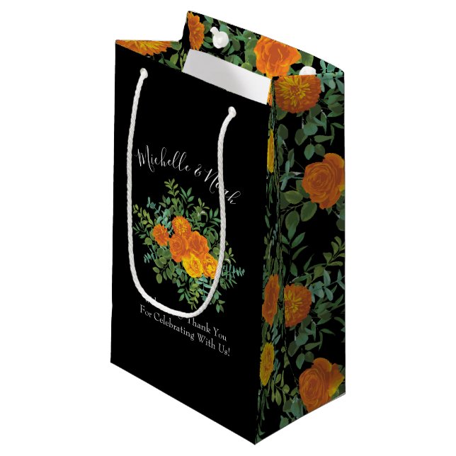 Orange & Black Gothic Peony & Rose Floral Wedding Small Gift Bag (Front Angled)