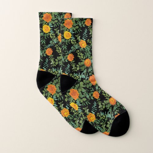 Orange  Black Gothic Peony  Rose Floral Wedding Socks