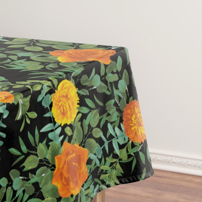Orange & Black Gothic Peony Rose Floral Wedding Tablecloth (In Situ)