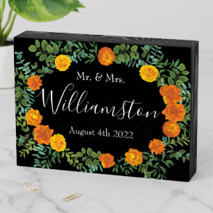 Orange & Black Gothic Peony Rose Floral Wedding Wooden Box Sign