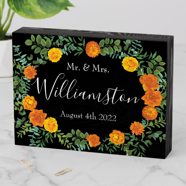 Orange & Black Gothic Peony Rose Floral Wedding Wooden Box Sign (In Situ Horizontal)
