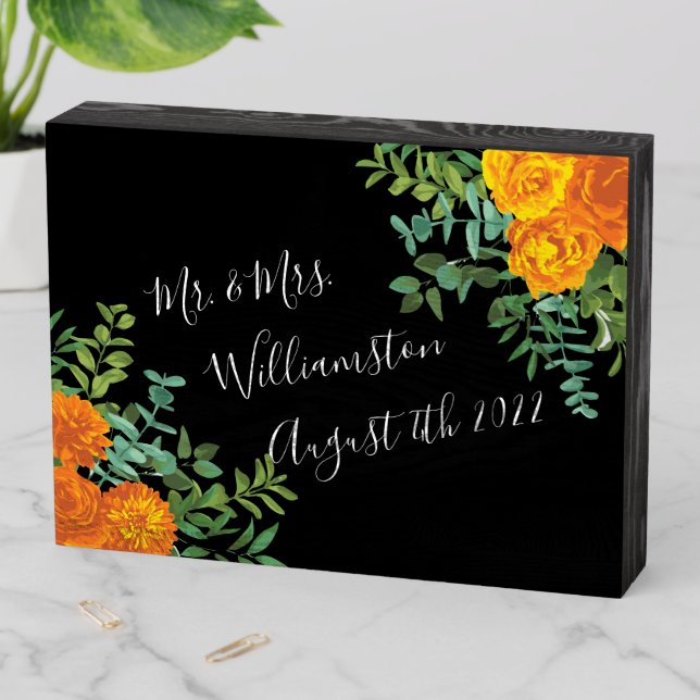 Orange & Black Gothic Peony & Rose Floral Wedding Wooden Box Sign (In Situ Horizontal)