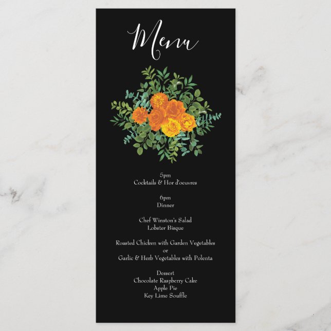 Orange & Black Gothic Peony & Rose Wedding Menu (Front)