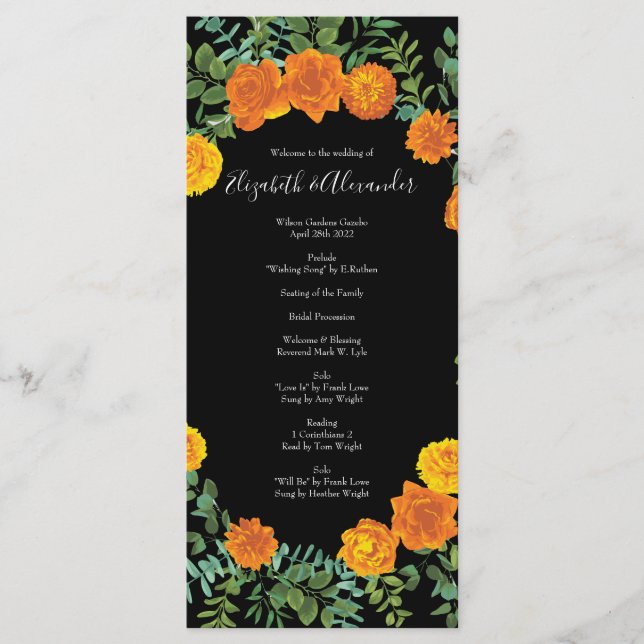 Orange Black Gothic Peony Rose Wedding Programs (Front)
