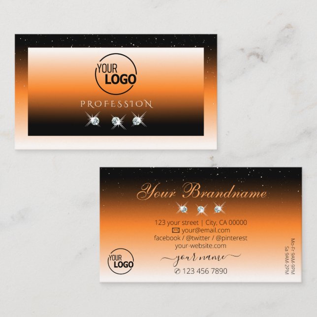 Orange Black Gradient Sparkling Diamonds with Logo Business Card (Front/Back)
