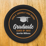 Orange Black Graduate Custom 2024 Graduation Party Paper Plates<br><div class="desc">This modern orange and black custom graduation party paper plate features classy typography of your high school or college name for the class of 2024. Customize with your graduating year under the chic handwritten script and grad cap for great personalized graduate decor.</div>